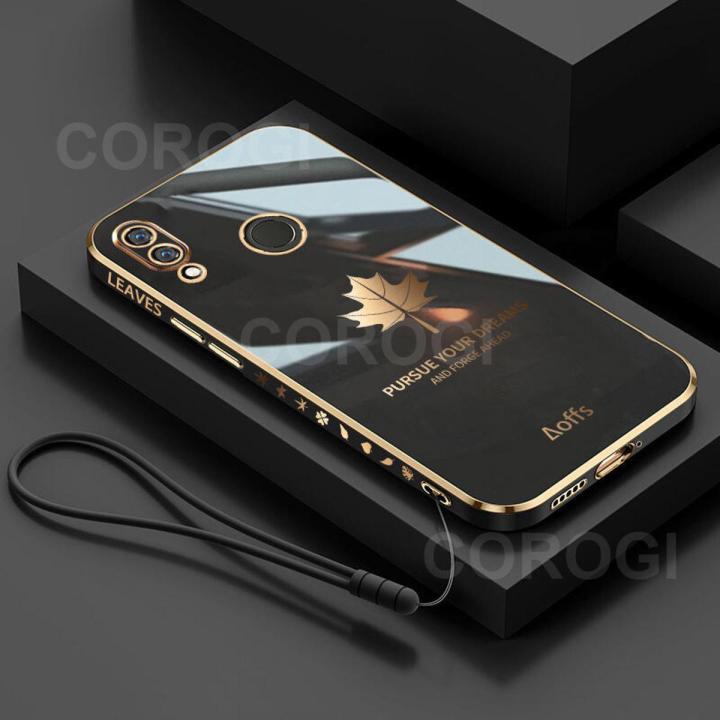 For Huawei Honor 10 Lite Back Cover + Hand Strap Fashion Shiny 6D Plating Maple Leaves Protective Case Square Bumper Soft Silicone Mobile Phone Cases