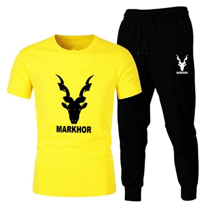 New Print Markhor White T shirt  With Logo Trouser Track Suit Half Sleeves Tees Summer Collection Casual Wear For Men