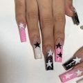 y2k Nails 24pcs Nails Black Pink Color French Press Nail Tips with Five-pointed Star Pattern Artificial Nail Tips for Girls. 