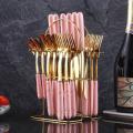 24 Piece GOLDEN Hanging Cutlery Set & Holder/Stand, Elegant Life Cutlery Set, Stainless Steel and Mirror Polishing Dinnerware Sets, Multifunctional Use for Home and Kitchen. 