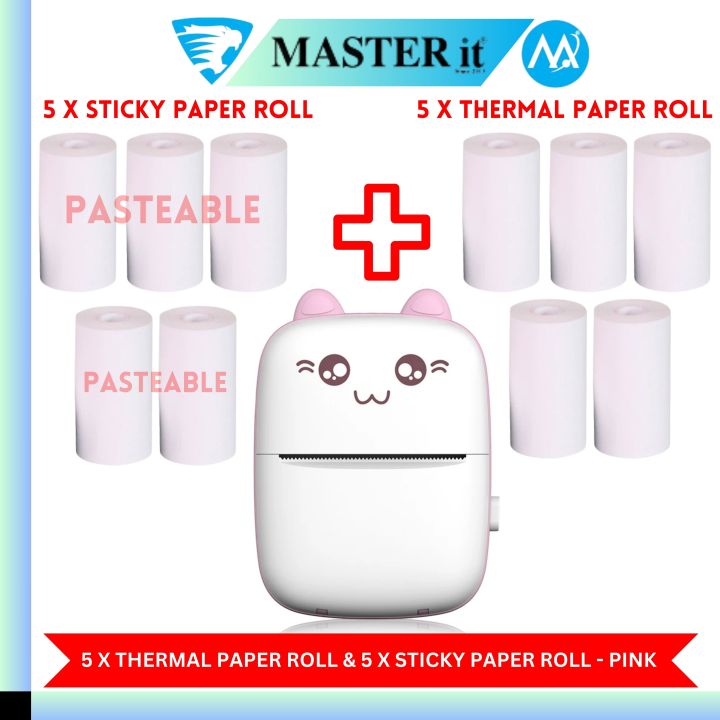 Pocket Inkless Mini Printer - 12 x Sticky Paper Roll & 12 x Thermal Paper Roll - Thermal Portable Bluetooth Wireless Mini Printer For Kids - For Photo, Picture, Office Receipt, Label Note, QR Code - Compatible With IOS & Android - Pink & Blue