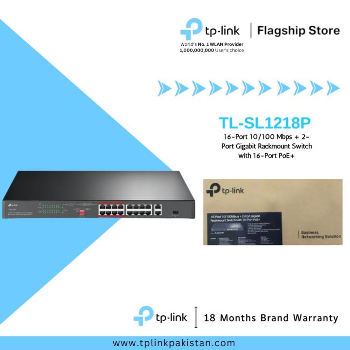 TP-Link Network Gigabit Desktop Switch TL-SL1218P 16-Port 10/100 Mbps + 2-Port Gigabit Rackmount Switch with 16-Port PoE+  - 18 Months Brand Warranty