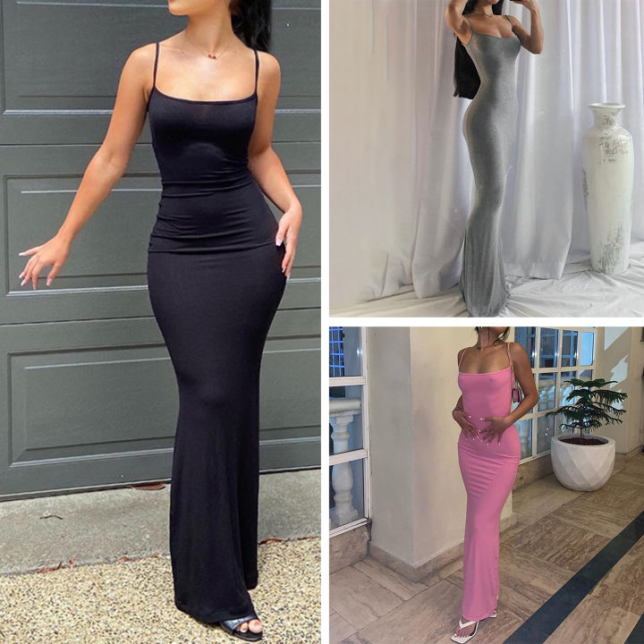 ECHIDNA Long Dress Body-Shaping Solid Color Spaghetti Strap Lady Bodycon Dress