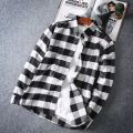 Kemeja lelaki Kemeja kotak-kotak polo trend Korea berlapel ringkas atasan baju lengan panjang liar longgar. 