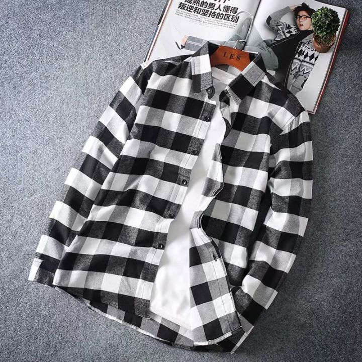 Kemeja lelaki Kemeja kotak-kotak polo trend Korea berlapel ringkas atasan baju lengan panjang liar longgar