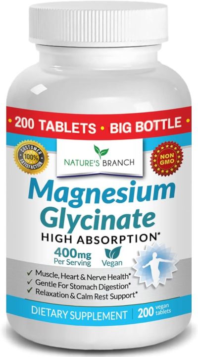 Magnesium Glycinate 400 mg - 200 Tablets - High Absorption, Non Buffered Bisglycinate Mag Supplement for Sleep, Leg Cramps, Heart, Ease Muscles, Calm Headaches for Women and Men, Non Powder Capsules Daraz Pakistan