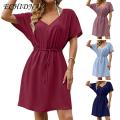 ECHIDNA women's elegant dress solid color Nude Color V Neck Waist Tight Above-knee Party Dress. 