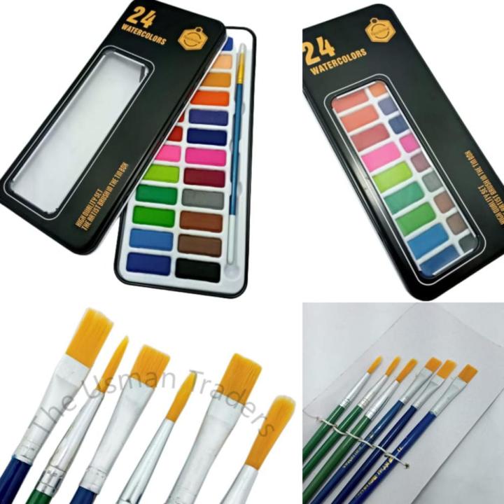 Bumper offer 1 Brushes Pack + Solid Water Color Watercolor Paint Set With Black Tin Box 24 color set artist transparent water color