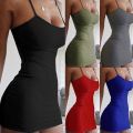 Spaghetti Strap Camisole Mini Dress Women Plus Size Bodycon Vestidos Summer Low Cut Sleeveless Solid Color Party Club Dress. 