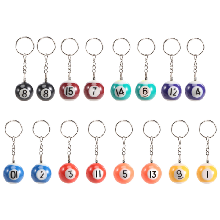 Colorful Billiard Ball Keychain Set 16 Pcs, Key Chain Balls Eightball Billar Billiards Chains Accessories