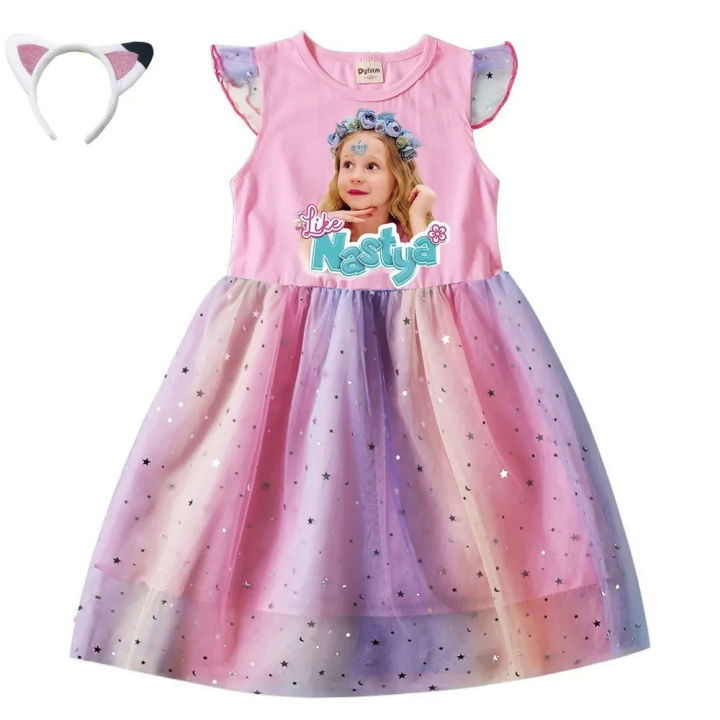 Dance Like Nastya Show Clothes Baby Girls Sleeveless Casual Dresses with Small Bag Kids Cartoon Wedding Party Princess Vestidos