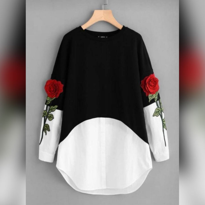 Black & White 3D Embroidery Flower Kurti