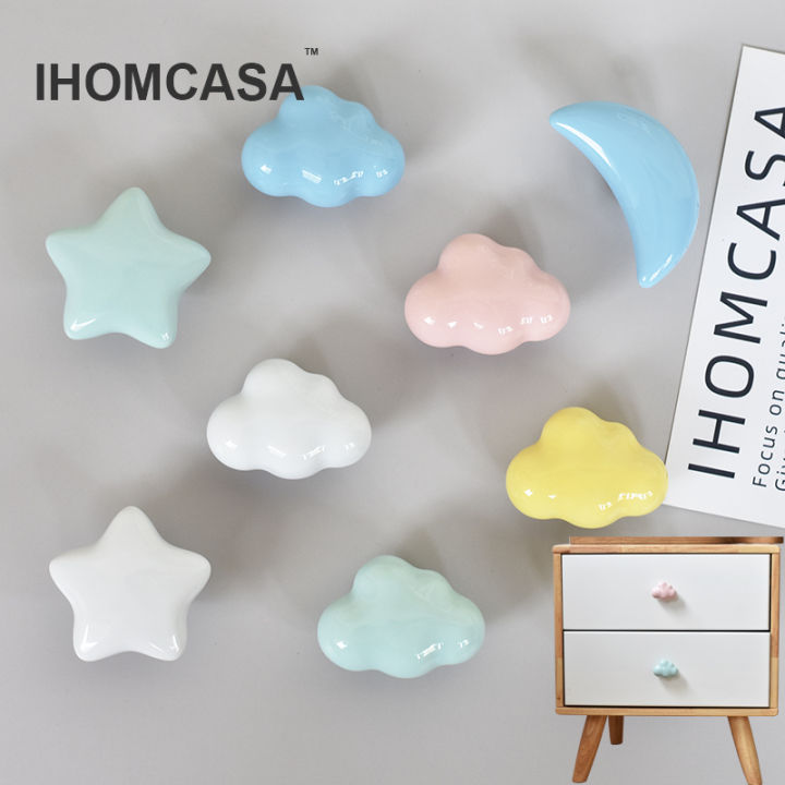 IHOMCASA Ceramic Clouds Stars Moon Hook And Handle Children's Room Knobs Furniture Dresser Drawer Knob Wall Cabinet Door Handles