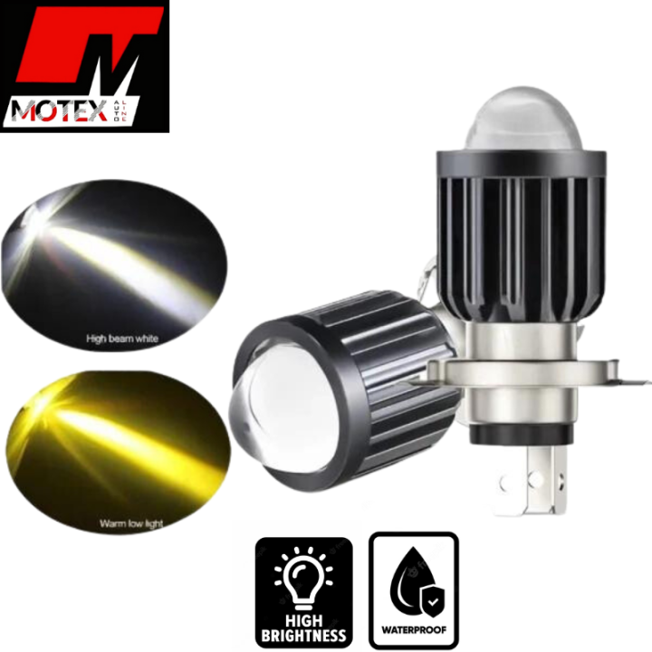 H4 Double Color Bulb, Super Bright Cree Led Chip Projector Lens Bulb H4 Fitting Laser Beam Spot Light Fog Light In Head Light Plug n Play ( Use On Battery ) 6000k High Beam 3000k lo Beam Universal Fitment Honda, Yamaha, Suzuki etc - Motex Auto Line