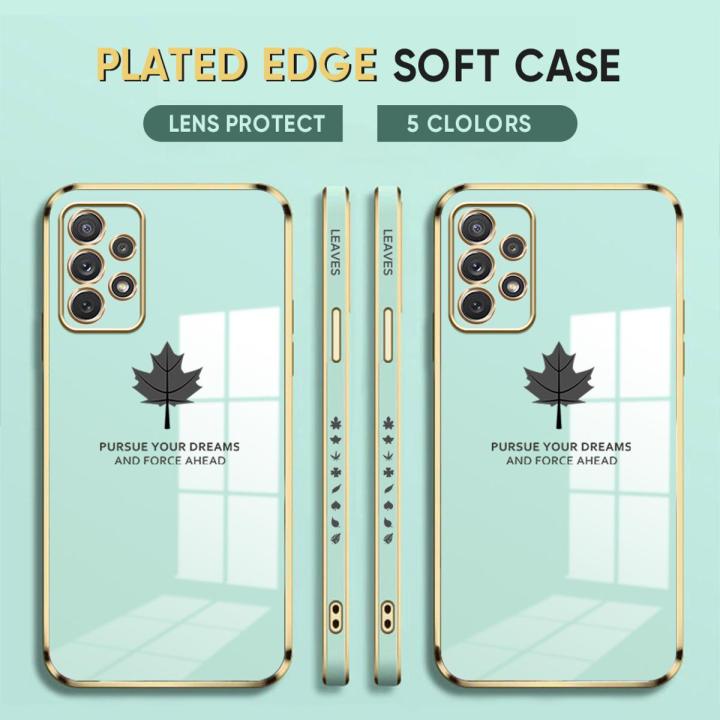 (Free Lanyard) Luxury 6D Plating Case for Samsung Galaxy A72 5G / 4G Back Cover Maple Leaf Side Pattern Soft Silicone Square Phone Cases