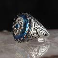 Retro Handmade Turkish Signet Ring For Men Women Ancient Silver Color Carved Ring Inlaid Blue Zircon Party Punk Motor Biker Ring. 