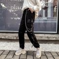 Women Men Cargo Pockets Ankle Trousers High Waist Chain Hip-hop Punk Black Harem Pants Streetwear. 