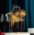 CherryBox Spoon Fork & Knife Set, Dinnerware Cutlery Set with Stand, Gold Plated  Stainless Steel , 24 Pcs. 
