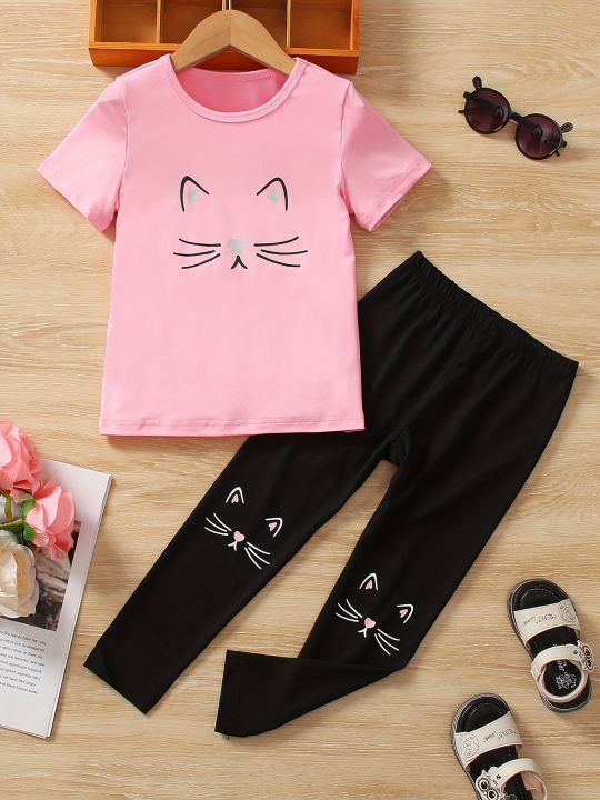 2 Pcs Girls Cartoon Cat Print Short Sleeve Tee & Cat Print Pants Set