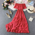RIFA Off-Shoulder Boho Beach Dress White, Elegant Korean Style, Ruffle Detail, Summer Party Wear. 