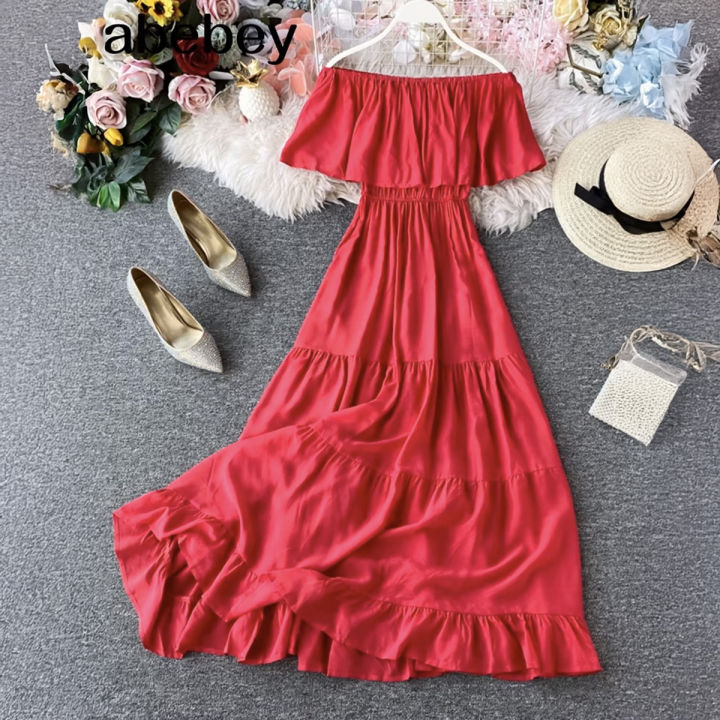 RIFA Off-Shoulder Boho Beach Dress White, Elegant Korean Style, Ruffle Detail, Summer Party Wear