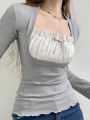 y2k Lace Patchwork Two Piece T-shirt Flare Long Sleeve Tops Spring Casual Kawaii Clothes Korean Shirt. 