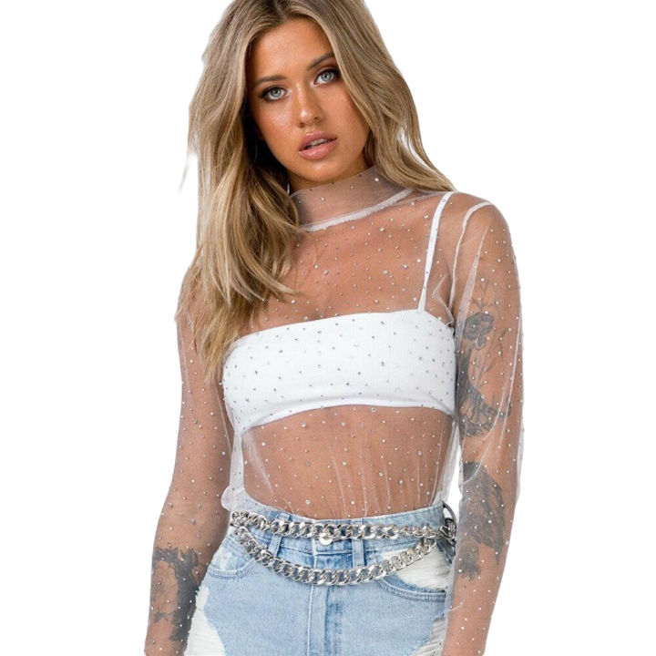 beautifullady Fashion Women Transparent Mesh Sheer Tops Long Sleeve T-Shirt Blouse