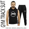 Tracksuit for Men - Summer Sleeveless Hooded Tshirt + Trouser Set, Premium Terry Fabric Soft Export Quality Cotton Blend, Vinyl Dumble Printed Gym Korean Style Fit, Beach & Street Wear, Black Color. 