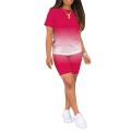 Women’s Short Sleeve T-shirt Shorts Suit Fashion Gradient Solid Color Pullover Top and Tight High-waist Pants. 