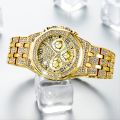 Men's Golden Rhinestone Decor Watch Fashion Men's Quartz Artificial Diamond Watch, Ideal choice for Gifts. 