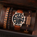 LIANDU Men Watch with 3 pcs Bracelets Set PU Leather Band Quartz Wristwatch Fashion Wristwatches. 
