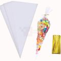 CLEAR CONE SHAPE CANDY BAGS - POPCORN BAGS - WEDDING BAGS - FLOWER BAGS - CONE SHAPE BAGS - PACK OF 25. 