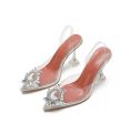 Cinderella Silver Transparent Buckled Heels - 3 Inch Rhinestone Sandals for Women & Girls, Pointed Toe. 
