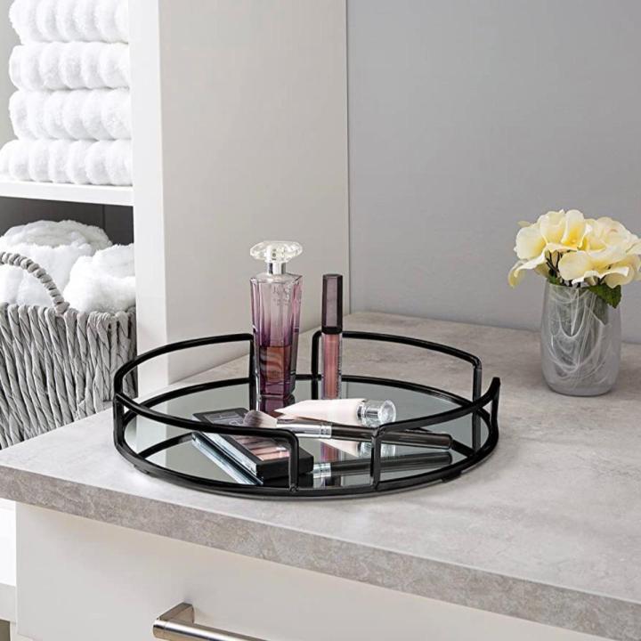Home Details Modern Round Design Matte Black Mirrored Vanity Tray for Dresser, Perfume, Desk, Cosmetic & Jewelry Organizer,