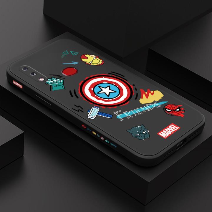 Samsung A10S Marvel Superhero Ironman Spiderman Captain American Print Side Design Square Phone Case Edge Pattern Liquid Silicone Casing Full Cover Camera Shockproof Protection Case