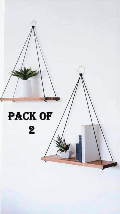 Pack of 2 Hand Crafted Wall Hanging Shelves, Rope Floating Shelves - Shelves for Bedroom - Floating Shelves for Wall - Plant Shelves for Indoor Wall - Bedroom Wall Decor