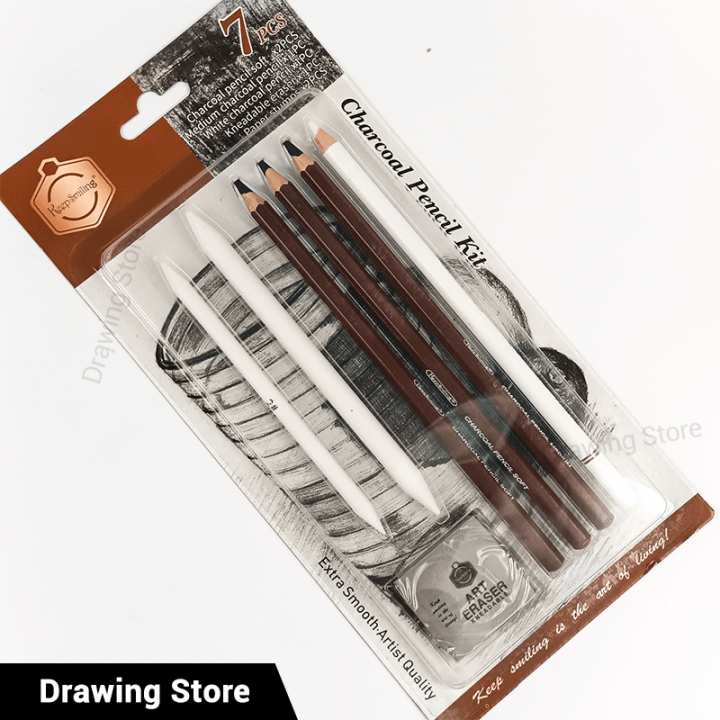 Keep Smiling Black & White Charcoal Pencil Kit Set 7Pcs With Blending Stumps And Kneadable Eraser For Artists Students
