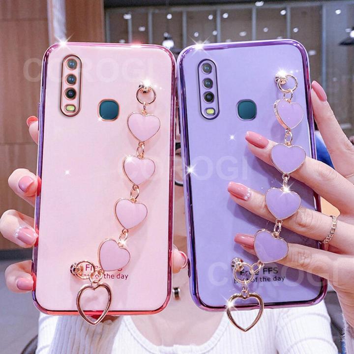For Vivo Y15 Back Cover with Love Heart Chain Wrist Strap Fashion
