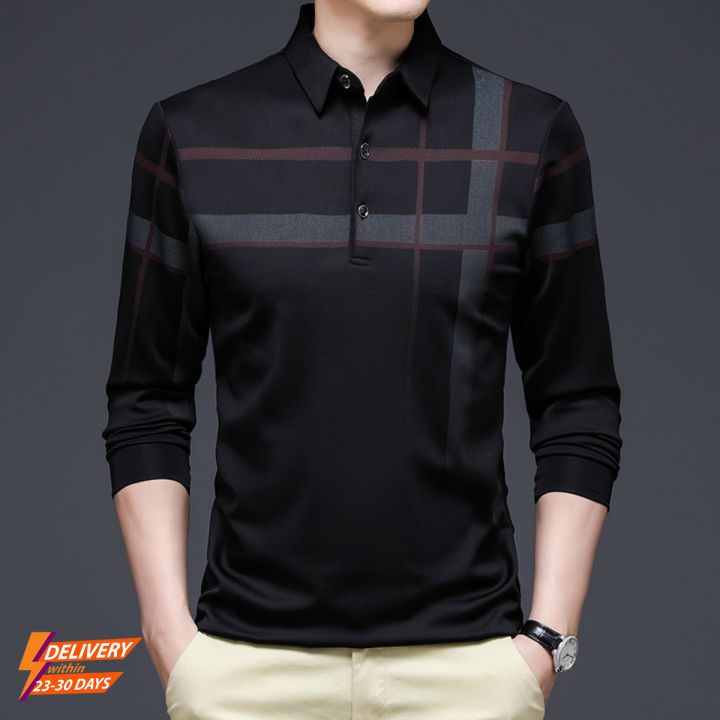 IELGY men s long sleeve korean style elastic slim polo collar shirt