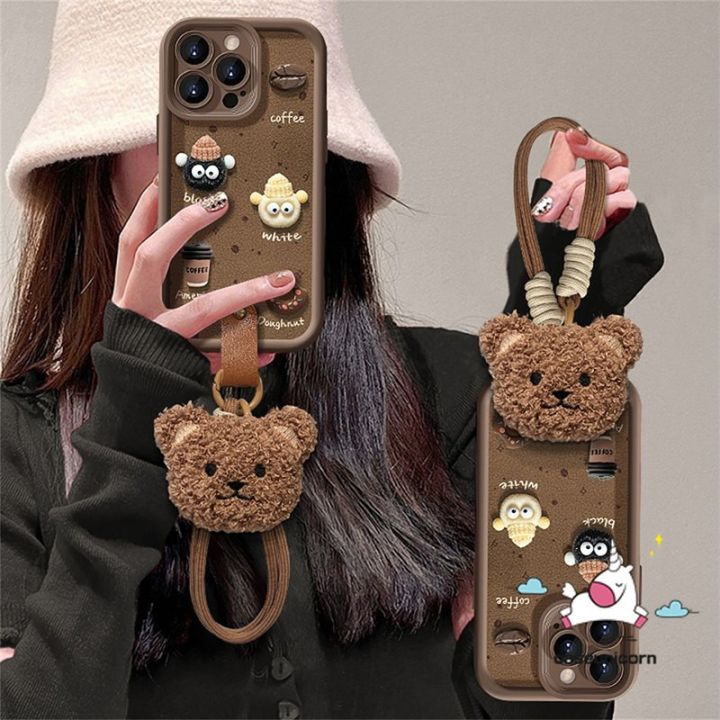Fixed Borehole Bear Lanyard Case for Redmi 13 12C 13C 12 A1 10C 9T 9 10A 9C NFC 9A A2 Note 13 11 10 12 9 10s 8 11s Pro Max Poco M3 C40 C65 Cartoon Coffee Cookies Cute 3D Doll Case