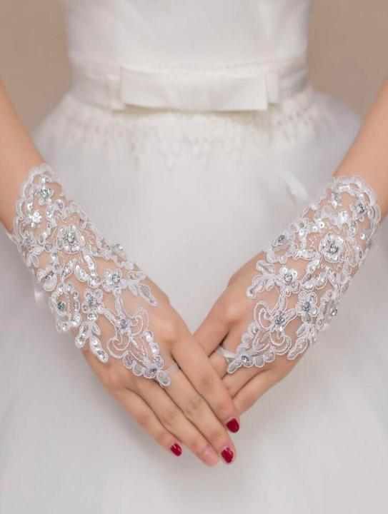 White Finger less Wedding/Bridal Gloves White Faux Pearl Embroidery Short Bridal Gloves,Wedding Dress Gloves