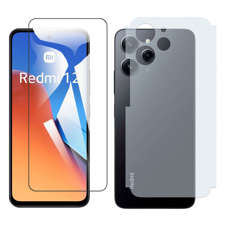 Xiaomi Redmi 12 Tempered Glass Screen Protector Premium High Quality Polish Glass + Back Protector Carbon Fiber Matte Soft Skin Sheet For Redmi 12