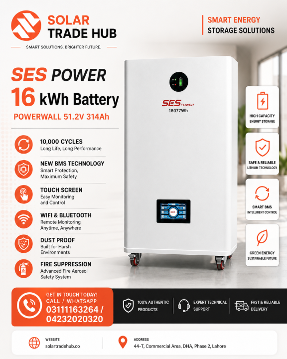 SES Powerwall 51.2V 314Ah Lithium Battery | 16.077kWh LiFePO4 Solar Storage | Smart BMS | Touch LCD | 10000+ Cycles | Hybrid Inverter Compatible | 10 Years Warranty