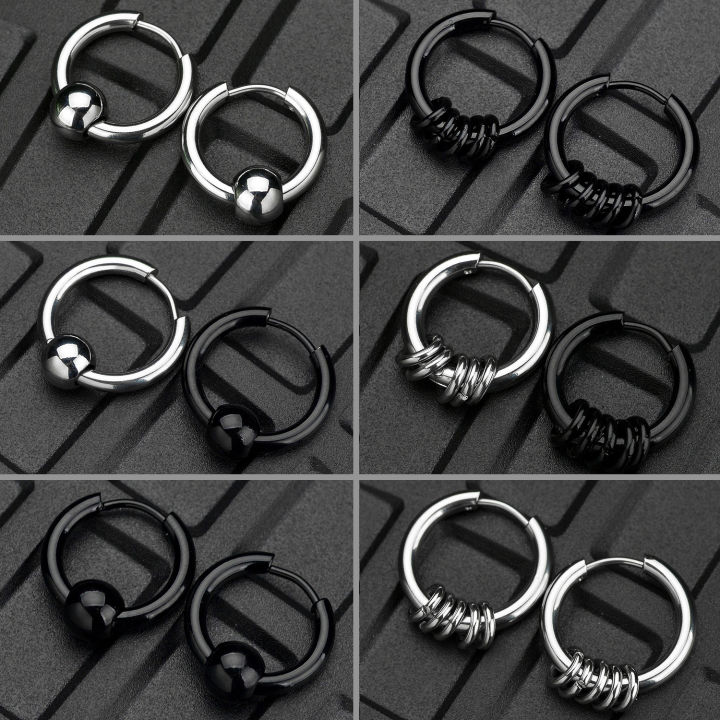 Superman Ruoias 1 Pair Stainless Steel Hoop Earrings for Men Women Small Circle Metal Ball Anti-allergic Ear Buckle Rock Hip Hop Jewelry