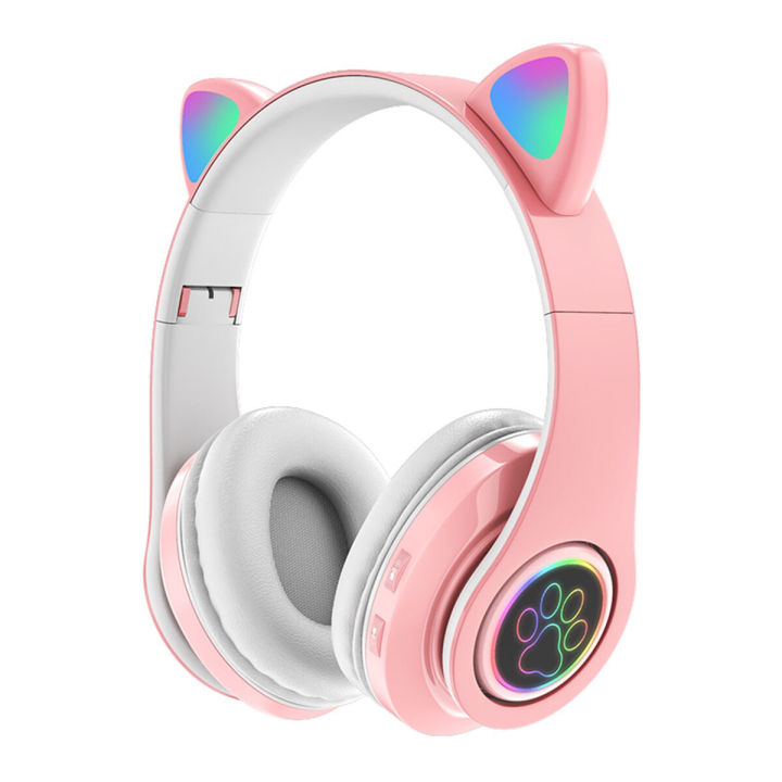 Cat Ear Wireless Bluetooth Headphones - Glowing LED Light-Up Foldable Headset for Kids and Adults