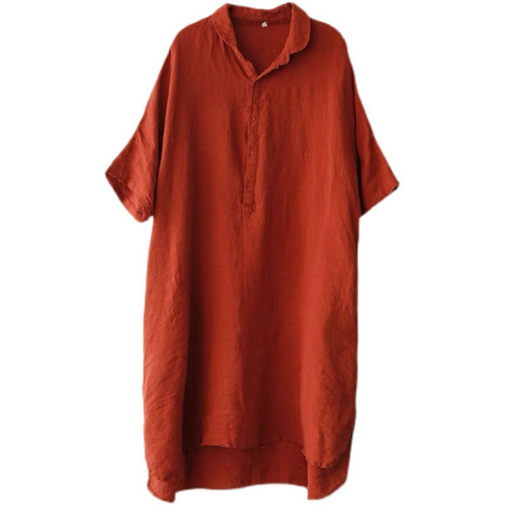 Women%20Linen%20Shirt%20Retro%20Button%20Design%20Half-sleeve%20Solid%20Color%20Casual%20Mid-length%20Blouse%20Tops%20-%20Image%206