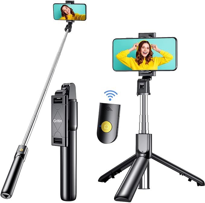 Gritin 4 in 1 Bluetooth Selfie Stick Tripod - Extendable Monopod with Wireless Remote, Adjustable Phone Holder - Compact and Portable Selfie Stick for Photos and Videos