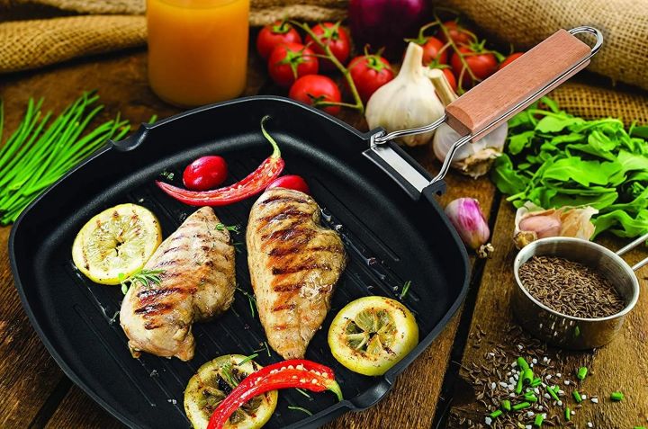 Techmanistan Non-Stick Square Grill Pan With Foldable Wooden Handle