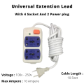 Universal Extension Lead Board Multi Plug Extension - Power Strip 4/6 Two Pin Socket And 2/3 Three Pin Socket- White - Wire 10 Ft. 