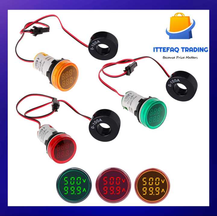 Round Digital AC Voltmeter+Ampmeter 2in1 Volt meter Ampere meter 50-500V 100A 22mm LED Current Indicator Voltage Meter Mini Volt Amp Tester Panel Panel Meter